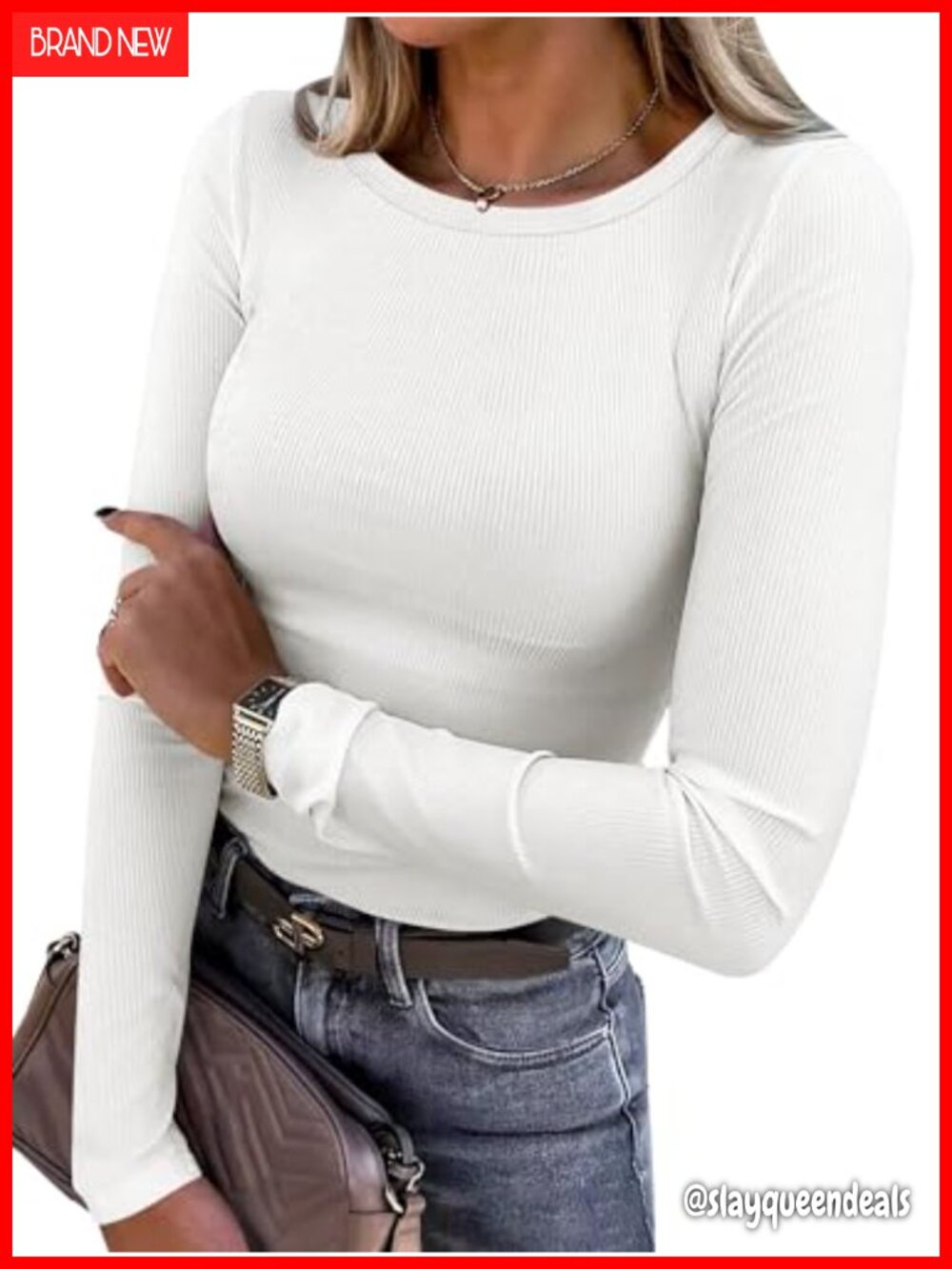 Women Ribbed Long Sleeve Crew Neck Slim Fit T-Shirt Casual Basic Top